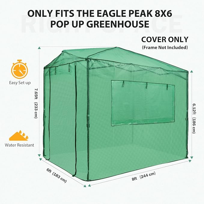EAGLE PEAK Replacement Cover for 8x6 Portable Walk-in Pop up Greenhouse Front and Rear Roll-Up Zipper Entry Doors and 2 Large Roll-Up Side Windows (Frame Not Included) Green