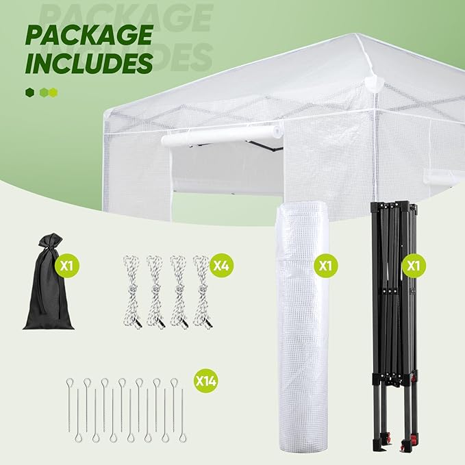 EAGLE PEAK 8x8 Portable Walk in Greenhouse Pop Up Indoor Outdoor Greenhouse Green House Kit with Zippered Roll-Up Doors and Windows PE Cover Clear/White