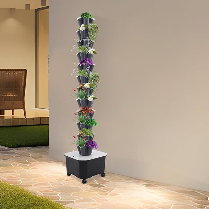 12-Tier Hydroponic Growing Tower 60-Plant Indoor Gardening System w/Automatic Water Circulation Vertical Aeroponic Tower Garden for Herbs Vegetables Fruits (Grey 60-Plants)