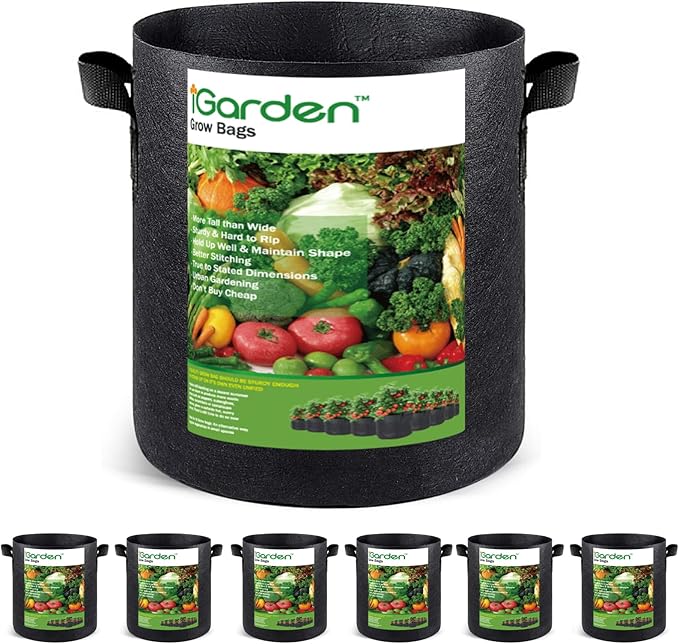 iGarden Grow Bags Tall 10 Gallon Grow Pots 6 Pack with Handles Heavy Duty 320G Thickened Nonwoven Fabric Plant Bag for Vegetables Black