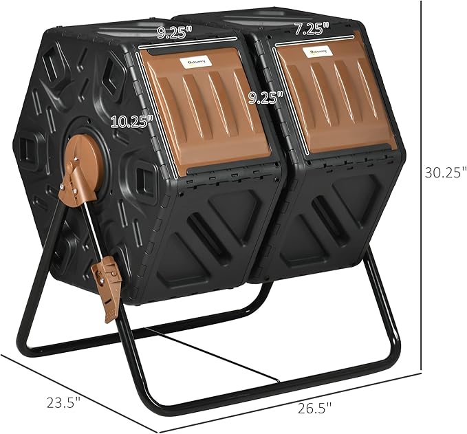 Compost Bin Outdoor 43 Gallon Dual Chamber Tumbling Composting with Sliding Doors Large Compost Tumbler Compost Bin for Garden Kitchen and Yard Waste Black+Brown