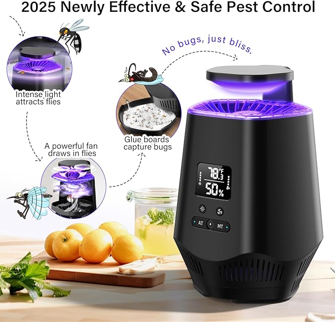 Fruit Fly Traps for Indoors Smart Fly Trap Indoor Bug Zapper Gnat Traps for House Indoor with Temperature and Humidity Sensor 10PCS Sticky Boards Black 01
