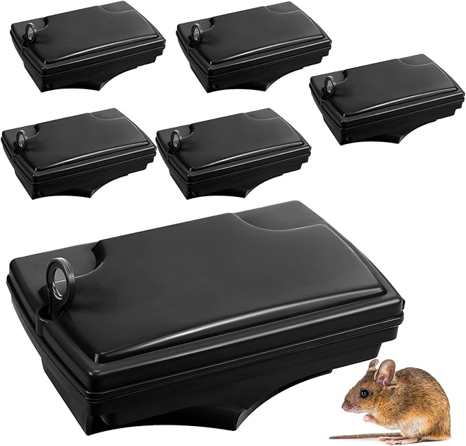Qualirey 6 Pcs Rat Bait Stations with 6 Keys Reusable Heavy Duty for Rodents Outdoor Mouse Large Station Holder Traps for Mice Pests Bait Not Included(Black)
