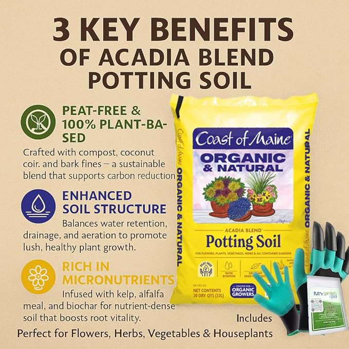 Coast of Maine AC3500 Acadia Peat-Free Potting Soil 20 qt with My Garden Pool 7-in-1 Soil Test Strips 20 ct. and Claw Gardening Gloves