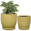 Ceramic Plant Pots 5 Inch + 4 Inch Set of 2 Flower Plants Pot with Drainage Holes and Saucers Tray Planter Garden Pot for Succulent Cactus Home Decoration Gift Indoor Outdoor Green