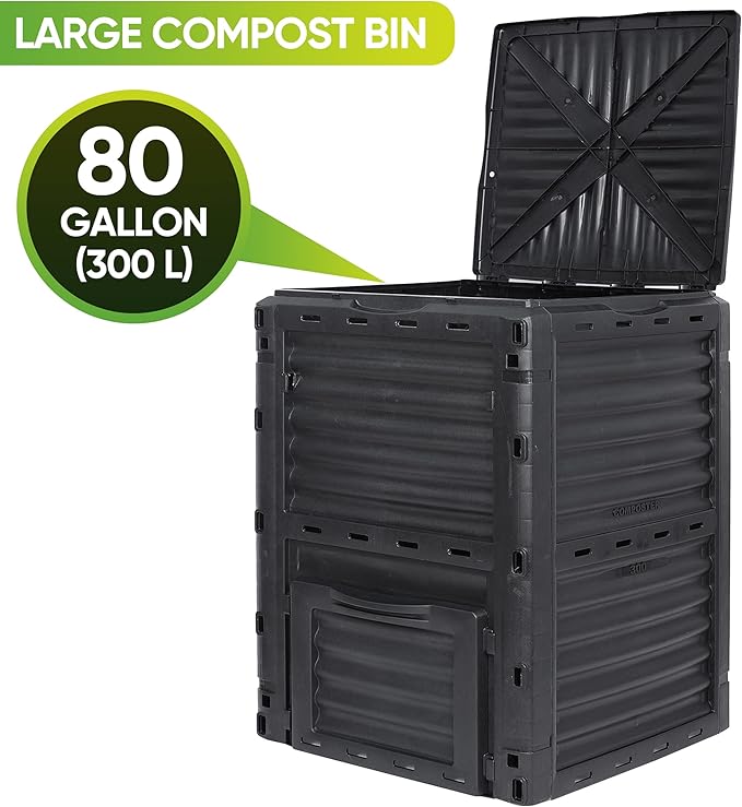 JupiterForce Garden Compost Bin 80 Gallon (300 L) from BPA Free Material Large Composting Bin Outdoor Composter with Gloves Easy Assembling Fast Creation of Fertile Soil Lightweight Black