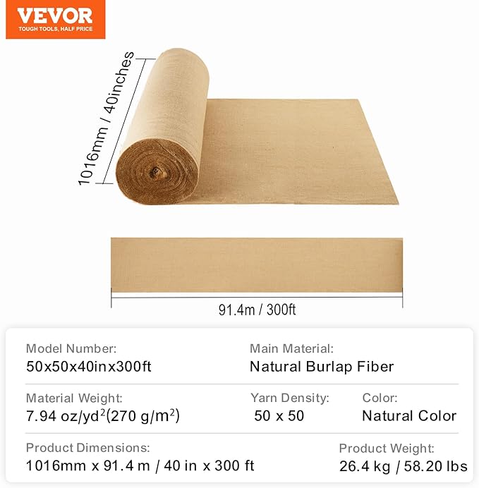 VEVOR Burlap Fabric Roll 40” x 300 ft &amp 45 x 45 High Density Wide Natural Burlap Fabric Rolls Jute Fabric Burlap Tree Wrap Roll for Decor Crafts Wedding Gardening Plant &amp Tree Winter Co