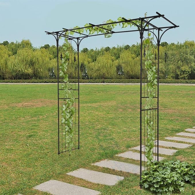 7FT Metal Garden Arch Trellis Heavy Duty Metal Garden Arbor with Stakes for Climbing Plants Outdoor Patio Stable Trellis Arch for Wedding Ceremony Party 81 L x 16 W x 82 H Black 13mm
