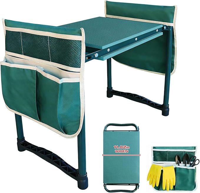 Heavy-Duty Garden Kneeler and Seat with Two Tool Bag Extra-Wide 11.02 Foldable Gardening Stool for Knee &amp Back Support | Non-Slip Portable Bench for Women Men Seniors Mom Dad