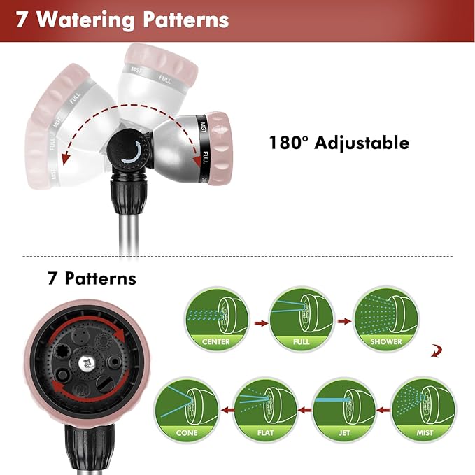 RESTMO Metal Watering Wand Heavy Duty Garden Hose Wand with 180° Swivel Head 16'' Hose Nozzle Sprayer with 7 Spray Patterns and Flow Control for Water Hanging Baskets and Shrubs Rose Gold