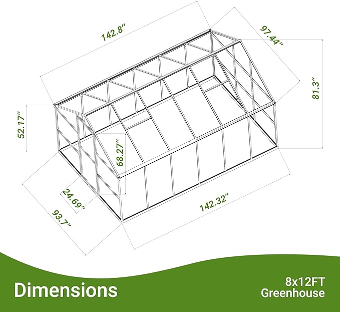 8x12 FT Greenhouse for Outdoors Quick Setup Polycarbonate Greenhouse with Roof Vent Aluminum Large Walk-in Green House for Outside Garden Backyard Black