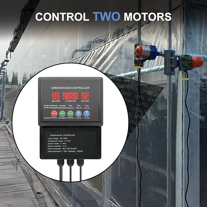 UYGALAXY Greenhouse Film Roll Up Motors Kit with Limit Switch (2 Pack) + Intelligent Thermostat Controller Electric Box (AC110V to DC24V) for Top Greenhouse Ventilation Automatic Venting
