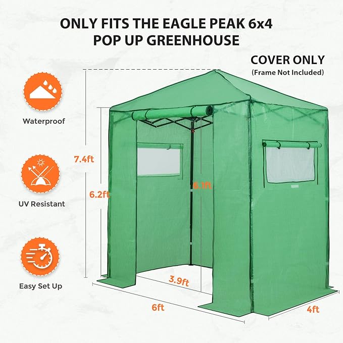 EAGLE PEAK Replacement Cover for 6x4 Portable Walk-in Pop up Greenhouse Front Roll-Up Zipper Entry Door and 2 Roll-Up Side Windows (Frame Not Included) Green