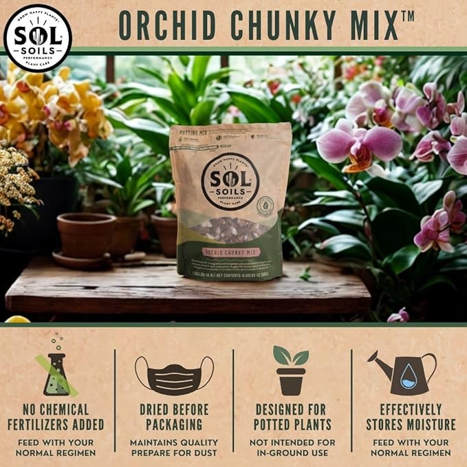 Sol Soils Chunky Orchid Potting Mix - 100% Peat-Free Lightweight and Aerated with Coconut Husk Perlite &amp Recycled Forest Products for Fast Draining Healthy Orchids - 2 Quarts