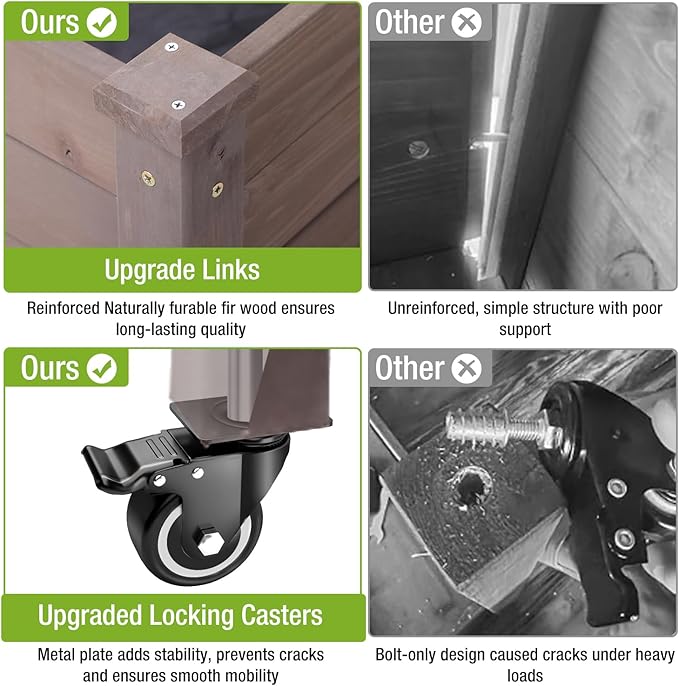 GUTINNEEN Elevated Wooden Planter Box with Locking Casters - 52.7 L x 22 W x 30 H Raised Garden Bed Removable Liner &amp 230lb Weight Capacity for Outdoor Plants