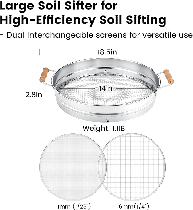 Soil Sifter with Handle for Gardening–14 Large Stainless Steel Soil Sieve-2 Replaceable Mesh Screens 1mm/6mm-Garden Sifter for Dirt Rocks Compost Gravel Pellet Sand