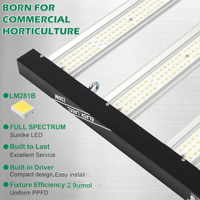 Lucius 120W LED Grow Light with LM281B Diodes 2.9 µmol/J High Efficiency 4-Bar 600 Diodes 348μmol/sFull Spectrum Plant Grow Lamp for Indoor Plants Seeding Veg Bloom 100-277V