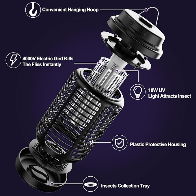 Bug Zapper Outdoor Mosquito Zapper Indoor with Dusk to Dawn Light Sensor 4000V Electric Fly Zapper Waterproof Mosquito Killer Fly Trap for Home Patio Kitchen Garden - 9.8 FT Length Cable