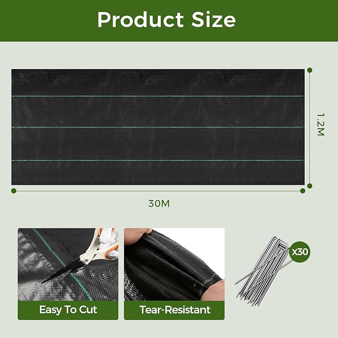 4FT x 100FT Weed Barrier Fabric with 30 U-Shaped Stakes Polypropylene Landscape Fabric Heavy Duty Weed Control Ground Cover for Gardening Permeability &amp Durable Weed Block Fabric
