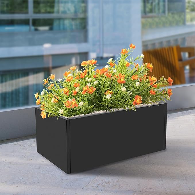 Metal Raised Garden Bed Modern Rectangular Planter Flower Box for Indoor Outdoor Balconies Gardens Decks Patios Decks Front Porches 38 * 15 * 15 in (Black)
