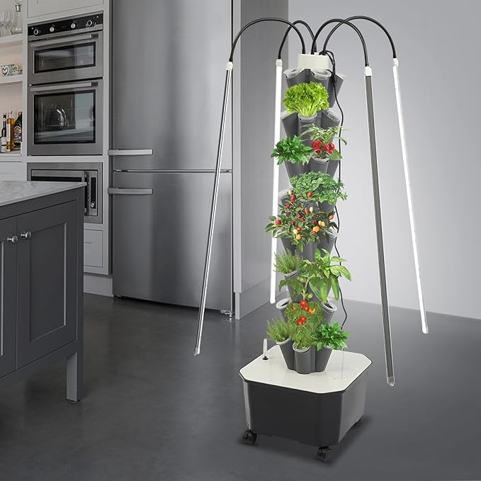 Hydroponic Growing System Tower 8 Layered 40 Slots Hydroponic Tower with LED Grow Lights Indoor Hydroponic Garden Vegetable Herb Grow Suitable for Balconies Courtyards Roofs