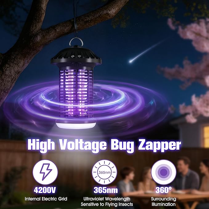 Bug Zapper Indoor &amp Outdoor Water Proof Mosquito Zapper with LED Light 4200V Electric Bug Zapper for Home Patio Office Courtyard (Black)