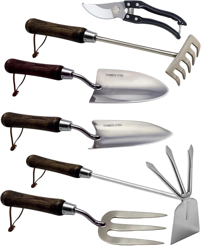 Garden Tool Set 6PCS Heavy Duty Stainless Steel Gardening Hand Tools with Ropes Includes Hand Cultivator Shovel Trowel Transplanter 2-in-1 Hoe Pruner Ideal Gardening Gifts for Women Men (Classic)