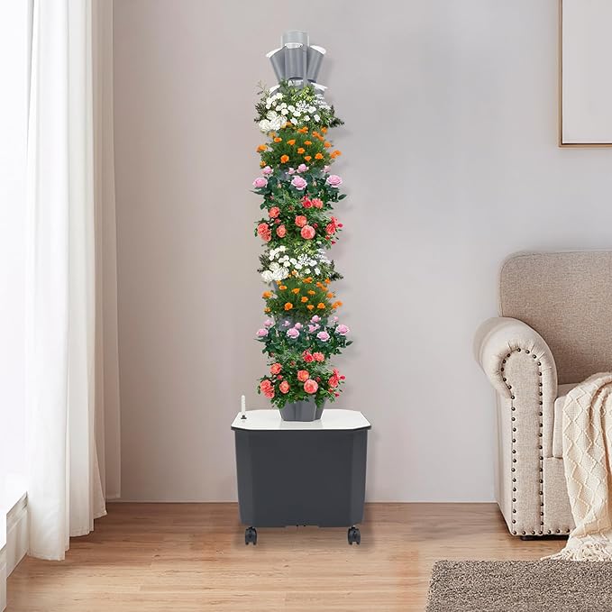Hydroponic Growing System 50-Plant Vegetable Planter Tower with Wheels Outdoor Indoor Garden Vertical Planter Germination Kit with Water Pump Intelligent Water Circulation &amp Timer Function