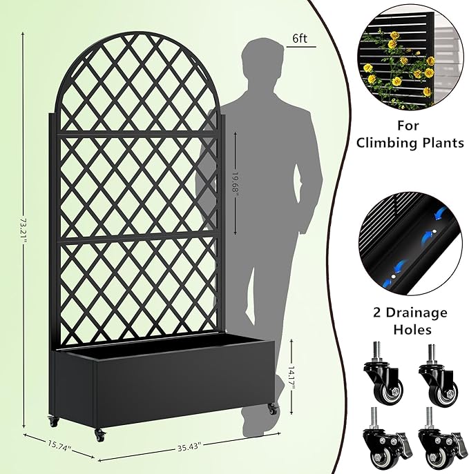 Raised Garden Bed with Trellis Metal Planter Box with Privacy Screen and Drainage Holes Planter Boxes Outdoor with 4 Wheels for Climbing Plants Vegetables Vines (Round)