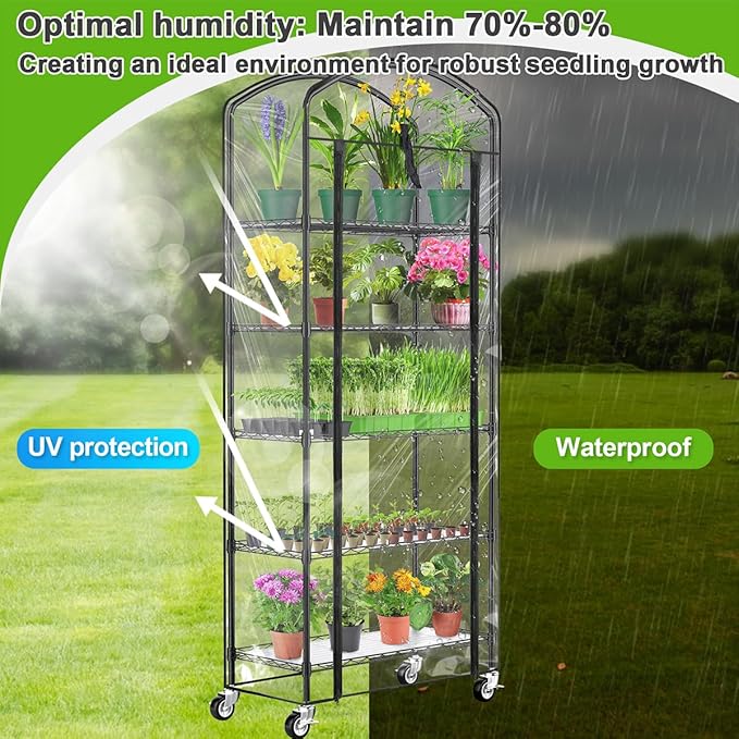 Abimars 5-Tier Greenhouse with Caster Wheel Each Shelf Height Adjustable Metal Plant Shelf with PVC Cover for Seed Starting Trays Seedling Pots Plant Pots 13x29x73inch