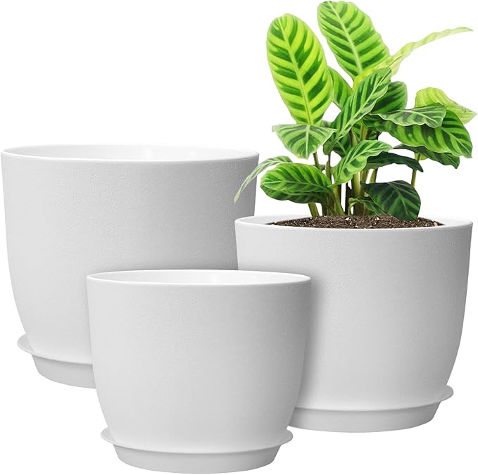 12/10/9 Large Plant Pots Plastic Planters with Drainage Holes and Saucers for Indoor Outdoor Plants Flowers White