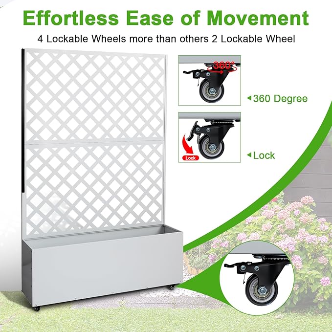 GarveeLife Metal Planter Box with Trellis 73x47x12 Raised Garden Bed with Privacy Screen Galvanized Steel Planter Box with Drainage Holes for Outdoor Climbing Plants White