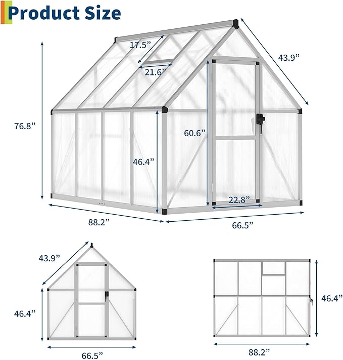 6x7 FT Outdoor Polycarbonate Greenhouse with Lockable Door Adjustable Roof Vent and Windproof Aluminum Frame Walk-in Design for Backyard or Lawn