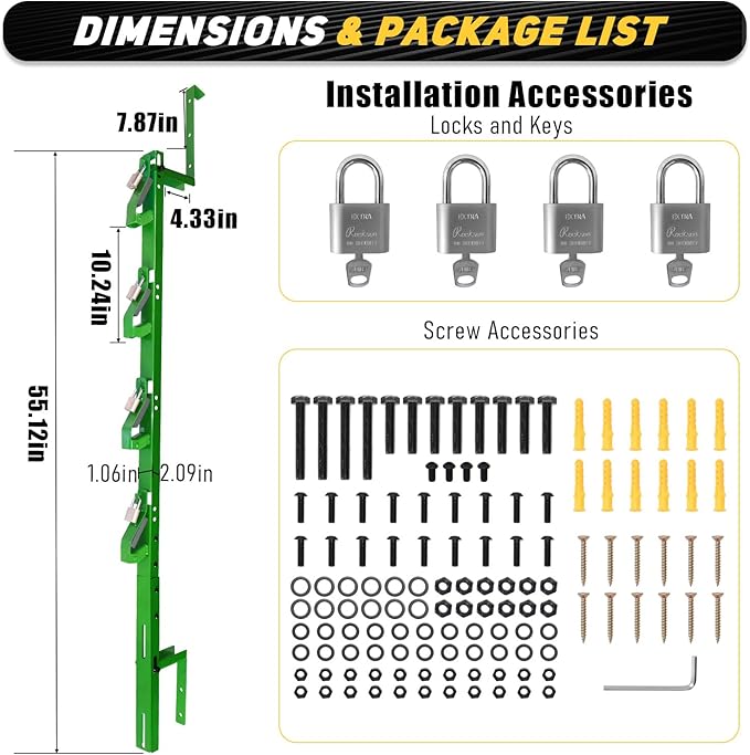 4 Place Trimmer Weed Eater Rack Fit for Open &amp Enclosed Trailer Walls Landscape Truck Weedeater Rack Holder Carrier with 4 Lock-Green