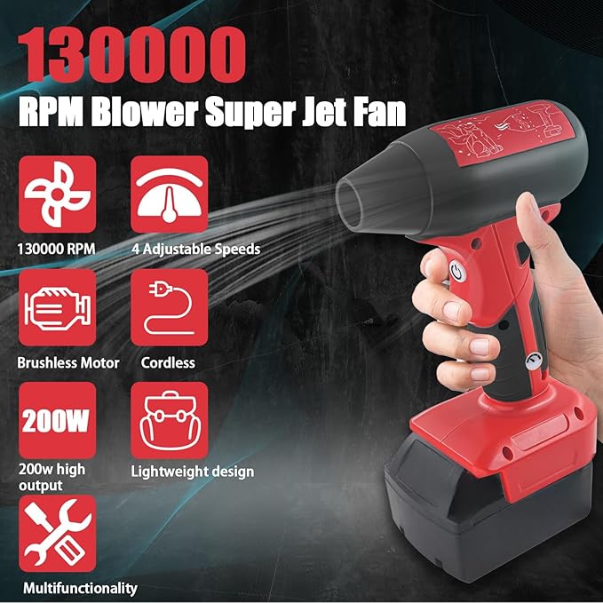 Mini Jet Dry Blower Fan for Milwaukee M18 Battery130000RPM Electric Air DusterRechargeable Cordless Jet Fan Blower for PC Car and Outing Jobsite (Battery Not Included)