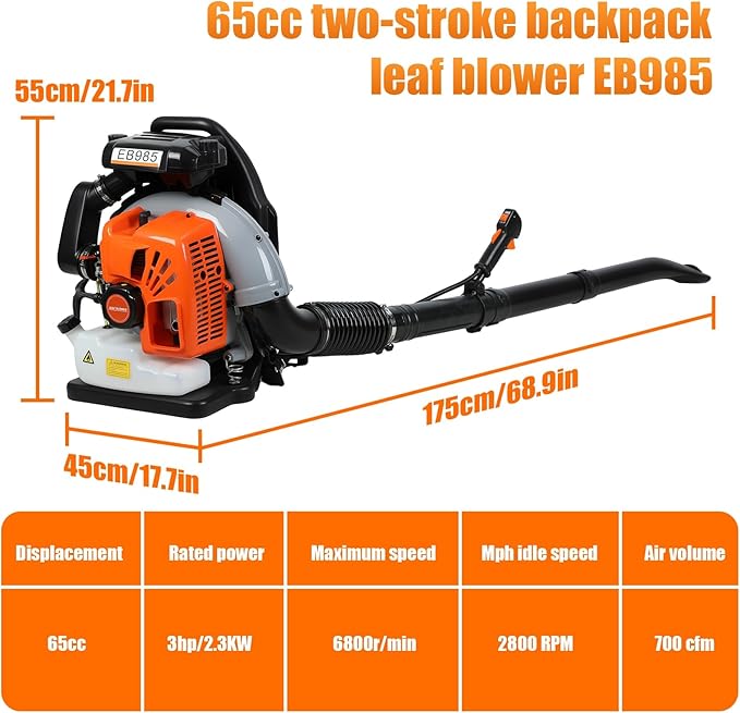 65cc Backpack Leaf Blower - 200MPH Gas Leaf Blower High-Velocity Strong Wind Back Pack Leafs Blowers with 1.7L Tank for Lawn Garden &amp Commercial Use Orange
