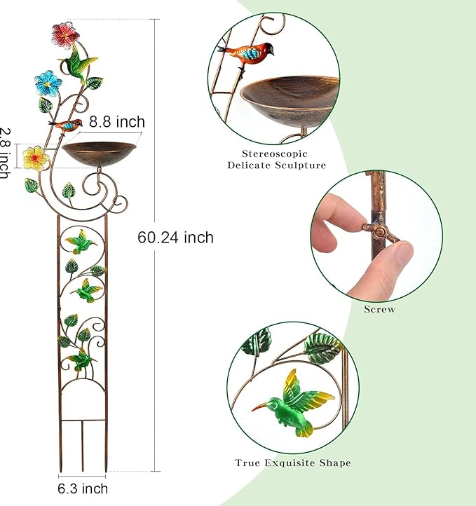 57” Bird Bath with Garden Trellis for Climbing Plants Outdoor Small Decorative Trellises Metal Birdbath Bird Baths 1 Piece (Hummingbird)