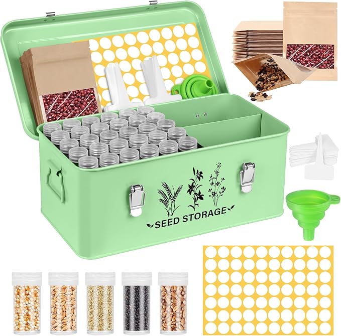 Seed Storage Box Organizer - Metal Garden Seed Storage Container Kit with 60 Vials 30 Plant Tags 20 Envelopes Funnel &amp Labels - Moisture-Proof Seed Bank for Long Term Storage