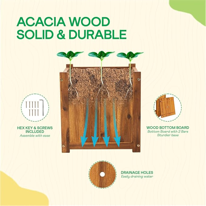 Idzo Acacia Wood Flower Planter Box for Outdoor Plants 1pc Wooden Raised Garden Bed with Handles Drainage Holes Ideal for Garden and Home Décor Light Cherry