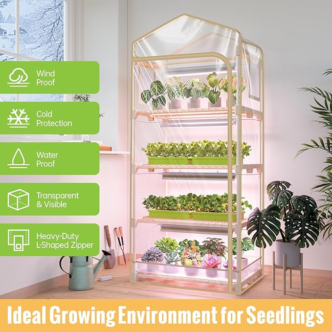 Mini Indoor Greenhouse with Grow Light4 Tiers Plant Shelf with 1.6FT 20W Full Spectrum Grow Light with Timer for Seed Starting Ventilation Window &amp Bottom Pouch 27 L x 19 W x 63 H