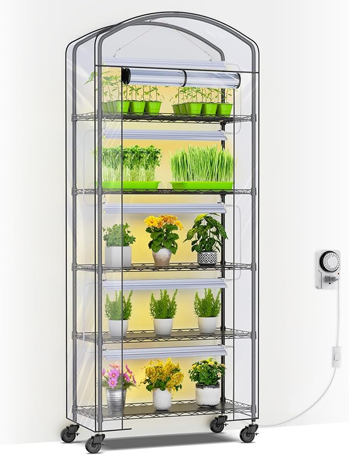 Abimars 5-Tier Greenhouse with Grow Light Shelf Height Adjustable Metal Plant Shelf with PVC Cover and Wheels Includes 5-Pack 2900K Full Spectrum Plant Lights 13x29x73inch