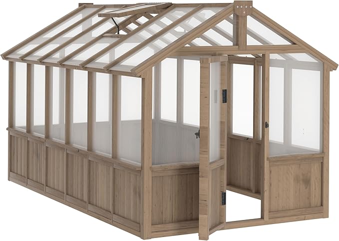 VEIKOU 6' x12' Greenhouses for Outdoors Wooden Greenhouse with Cedar Frame &amp Adjustable Vents  Wood Green House with 6MM Thick Polycarbonate Panel for Garden Backyard Light Brown Mocha