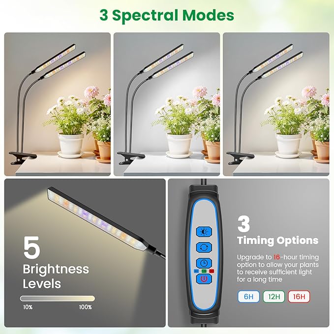 Grow Light Clip on 2 Pack 228 LED Full Spectrum Plant Lights for Indoor Growing 2 Head Black Arm Grow Lamp with Gooseneck 6/12/16H Timer 5 Dimming 3 Light Mode