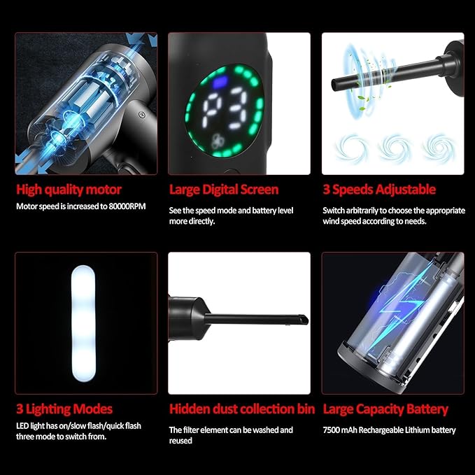 100W Cordless Air Blower Compressed Air Duster Cleaner with Emergency Light Electric Inflator Cleaning Tool Dust Blower