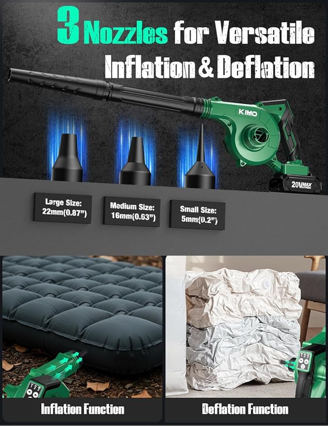 K I M O. Cordless Leaf Blower and Vacuum Combo 4 In 1 3 Nozzles for Inflation and Deflation 190MPH/260CFM Smart Panel with 3 Modes 20 Extended Tube 2000mAh Battery Cordless Blowers for Lawn Care
