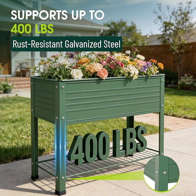 2-Pack Raised Garden Beds - Galvanized Steel Planter Boxes 400 lb Capacity 5 Drainage Holes &amp 2 Flow Channels Elevated Garden Bed with Mesh Bottom for Outdoor Gardening