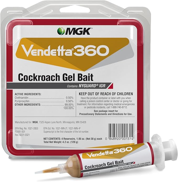 MGK Vendetta® 360 Cockroach Gel Bait | Cockroach Killer | Use In Rotation With Other Roach Baits | Dual Modes Of Action | Fits Standard Bait Guns | Home Commercial Industrial Use | 4 x 30 Gram Tubes
