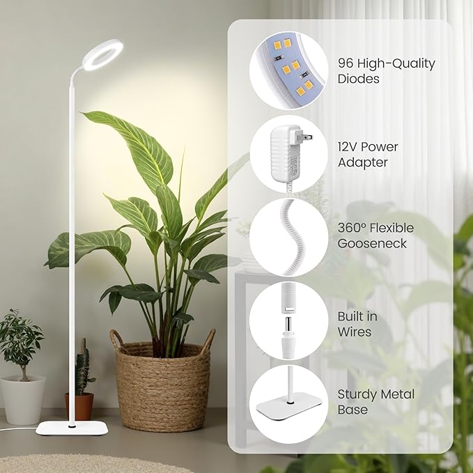 Grow Lights for Indoor PlantsFloor Lamp with 63IN StandFull Spectrum10 DimmingHalo Ring Warm Light 3/9/12H TimerHeight AdjustableMetal Stable Base Growing Light for Tall Small Plant