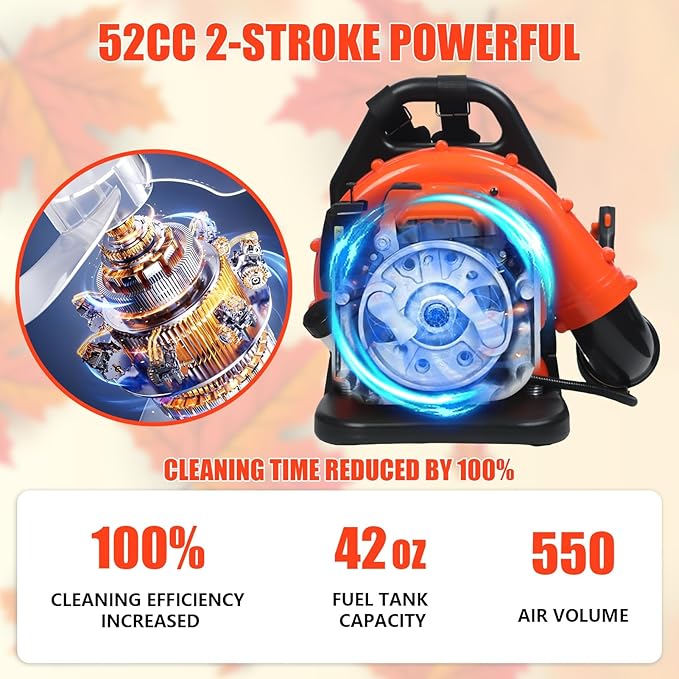 Leaf-Blower Gas Powered52CC 550CFM Gas Backpack Leaf Blower 2-Stroke Commercial-Grade Lawn Care Blower - Lightweight Low Noise for Yard Work Snow &amp Dust Removal Red