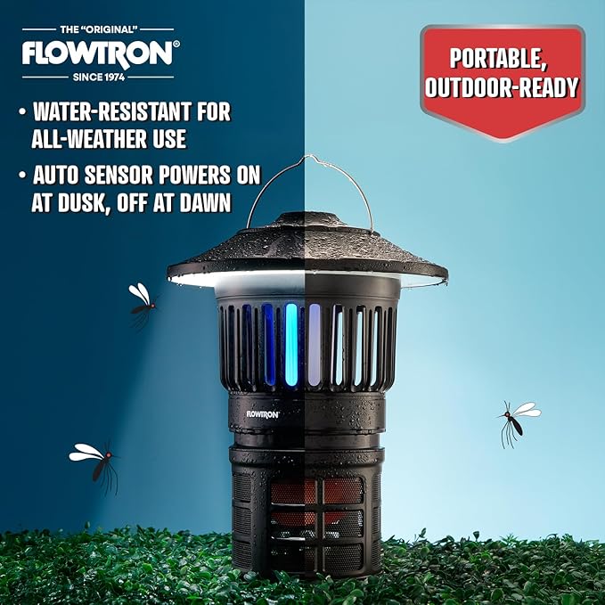 Flowtron Bug Trap Lantern | 2-in-1 UV Mosquito Trap &amp LED Camping Lantern 21000 Sq Ft Coverage 4000mAh Rechargeable Battery Cordless Insect Trap with Fan for Patio Backyard Indoor Outdoor